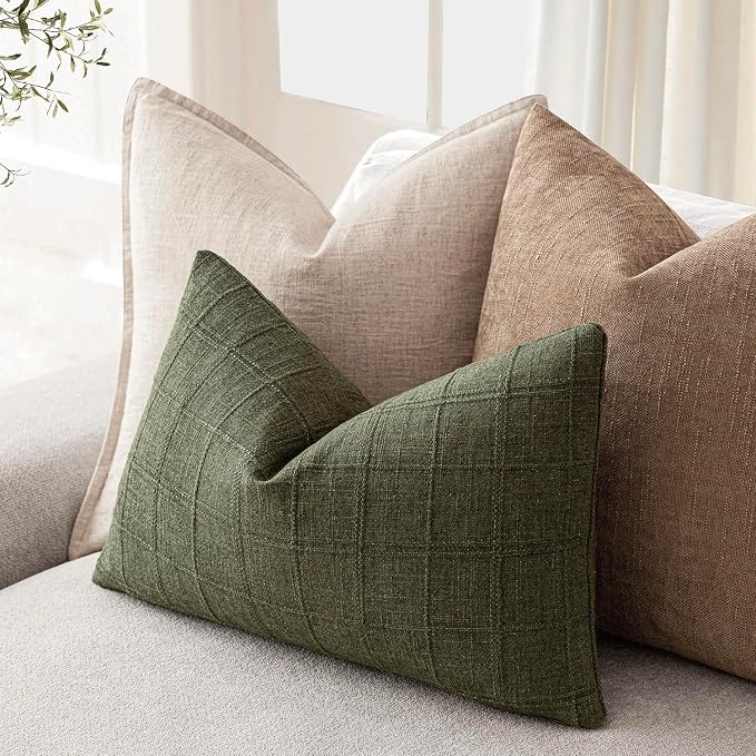 Foindtower Set of 2 Decorative Linen Check Throw Pillow Covers Neutral Farmhouse Lumbar Cushion Covers Modern Boho Home Decor for Sofa Chair Couch Bedroom Living Room,12×24 Inch,Olive Green