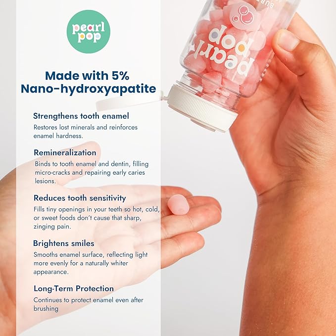 Pearl Pop Toothpaste Pearls, Chewy Fluoride Free Toothpaste for Kids & Adults, Stocking Stuffer, Mess-Free Travel Tooth Paste Alternative Made with Nano-Hydroxyapatite & Xylitol, Bubble Gum, 65ct
