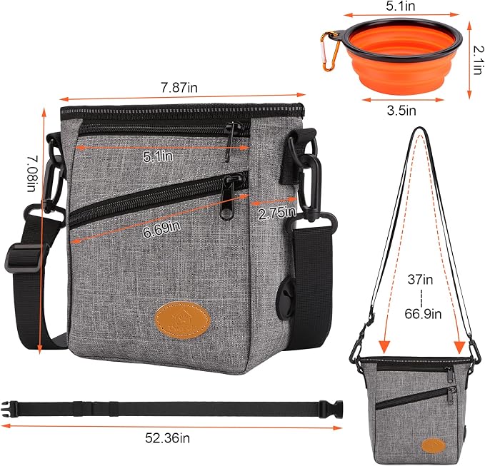 Ownpets Dog Training Pouch with Silicone Liner, Pet Treat Training Pouch with Collapsible Bowl, Shoulder Strap & Waist Strap, 4 Ways to Wear, Walking Fanny Pack for Dog Training - Grey