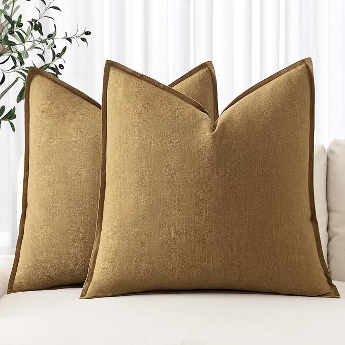 MIULEE Decorative Linen Pillow Covers 18x18 Inch Mustard Yellow | Boho Farmhouse Neutral Couch Throw Pillows for Bed, Pack of 2 Accent Modern Pillowcases, Sofa Livingroom Home Decor