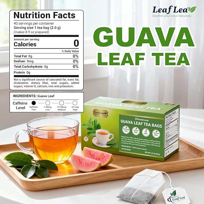LeafLea Guava Leaf Tea Bags, Guava Leaves Tea, Caffeine-Free, 120 Count | Smooth, Mellow Guava Leaves Tea For Everyday Sipping — Foil-Wrapped Freshness, Sugar-Free, 120 Bags In A 3-Box Value Pack