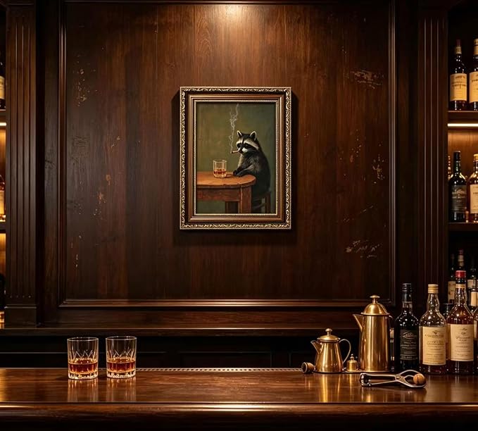 Vintage Gold Framed Smoking Raccoon Wall Art, Moody Dark Funny Animal Whiskey Cigar Canvas Print, Humor Funny Raccoon Wall Decor, Retro Bar Cart Poster Artwork, for Study Office Bar Decor, 9x11in
