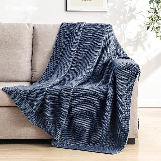 CozeCube Dusty Blue Seed Stitch Throw Blanket 60"x80", Farmhouse Decor | Blanket for Couch, Soft Cozy Cable Knit Throw for Bed Sofa Living Room, Lightweight Warm Decorative Christmas Blanket