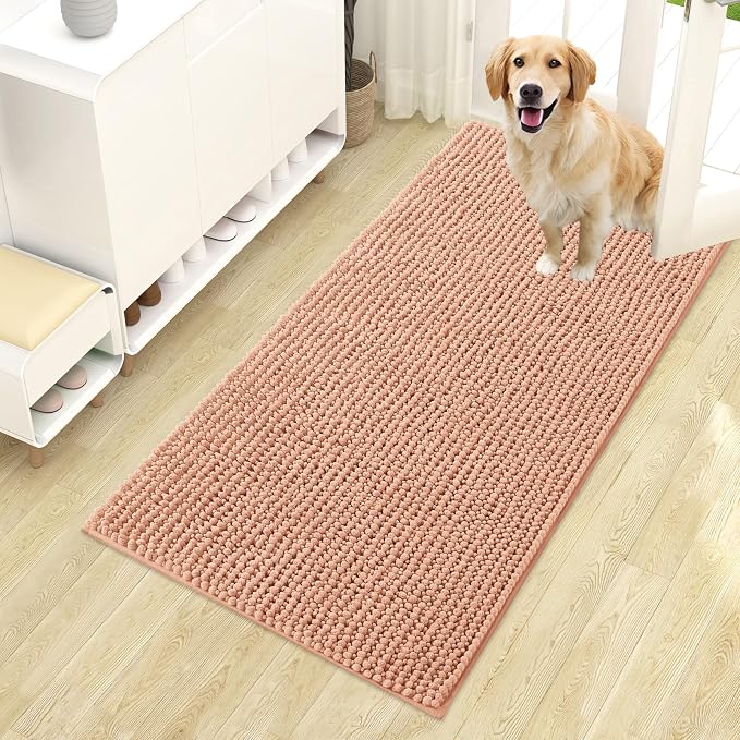 OLANLY Dog Door Mat for Muddy Paws 44x24, Extra Absorbent Chenille Mud Mat | Peach, Absorbs Moisture and Dirt, Non-Slip Machine Washable Doormat, Quick-Drying Indoor Entryway Floor Mat for Dogs