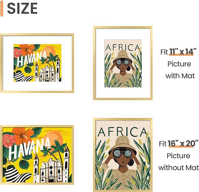 upsimples 16x20 Picture Frame, Gallery Wall Frames Set of 5, Gold | Poster Frame Collage Wall Decor, 11x14 Picture Frame with Mat for Family, Baby, Wedding, Hallway, Christmas