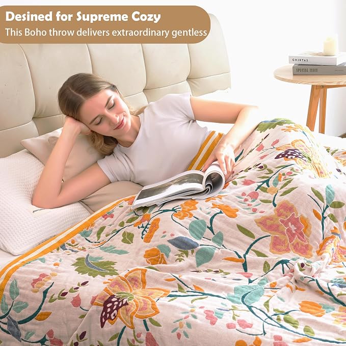 VANJOROY Boho Throw Blanket for Bed, 100% Organic Cotton Breathable Ultra Soft 50" x 60" Quilt Beige Throw - All Season Floral Farmhouse Decor Luxury Reversible Blanket for Sofa Couch Chair and Gift