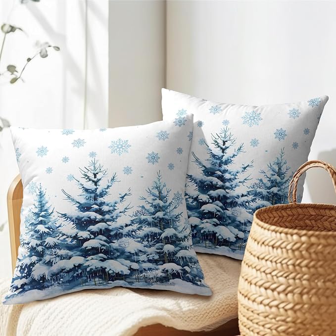 Kawani Winter Blue Forest Pillow Covers 16x16 Inches, Set of 2 Nature Snow Pine Trees Seasonal Farmhouse Cotton Linen Pillow Cushion Case for Sofa Couch Outdoor Indoor Decorations