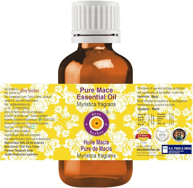 dève herbes Pure Mace Essential Oil (Myristica fragrans) Steam Distilled 10ml (0.33 oz)