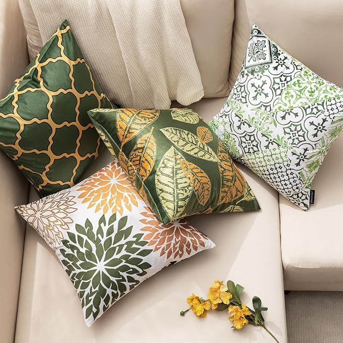 Phantoscope Set of 4 New Living Series Leaf Geometric Throw Decorative Velvet Pillow Cover Cushion Cover, Dark Yellow and Green 12 x 20 inches 30 x 50 cm