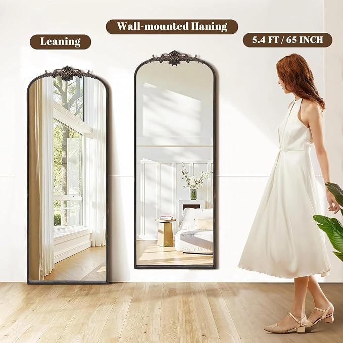 Besdomus Vintage Mirror Full Length: 21"x56" Black Long Arched Body Mirrors | French Floor Standing Metal Framed - Antique Baroque Traditional Ornate - Ideal for Foyer/Cloakroom/Bedroom/Dressing Room