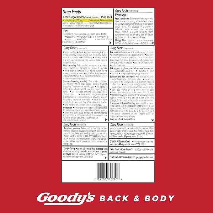 Goody's Body Ache & Back Pain Relief Powder, Dual Action with Acetaminophen & Aspirin, Caffeine-Free, 6 Count, Pack of 12