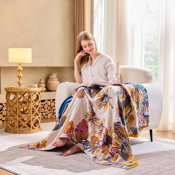 XIBLC Boho Throw Blanket, 100% Cotton Ultra Soft Luxury Throw Rustic Quilt, 60"x80" Floral Bird Butterfly Farmhouse Decor Bed Blankets, All Season Rustic Reversible Bohemian Throw for Bed - Yellow