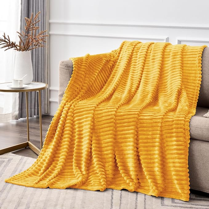 BEDELITE Ribbed Mustard Yellow Fleece Throw Blanket for Couch, 50x70 Inch | Soft Warm Decorative Fluffy Blanket, Cozy Plush Lightweight Fuzzy Throw Blanket for Bed Sofa Home Room Decor, Gift for Women