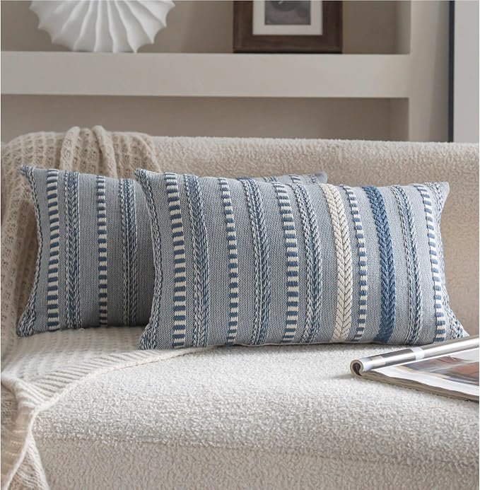 Cethom Boho Throw Pillow Covers 12x20 Inch Set of 2, Farmhouse Decorative Couch Pillow Cases, Blue Accent Pillows of Bed, Sofa Bedroom Living Room Home Decor Cushion Cover