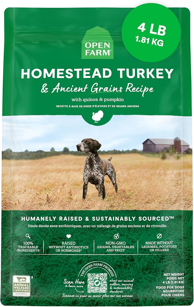 Open Farm Ancient Grains Dry Dog Food, Homestead Turkey Kibble, 4lb Bag | All Life Stages, All Breed Sizes, Protein-Rich & Nutrient Dense, 100% Traceable Ingredients, Non-GMO Fruits & Veggies.