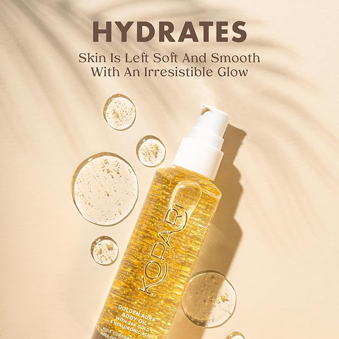 Kopari Golden Aura Body Oil with 24k Gold & Hyaluronic Acid - Hydrating Formula for Glowing Skin 3.3 oz