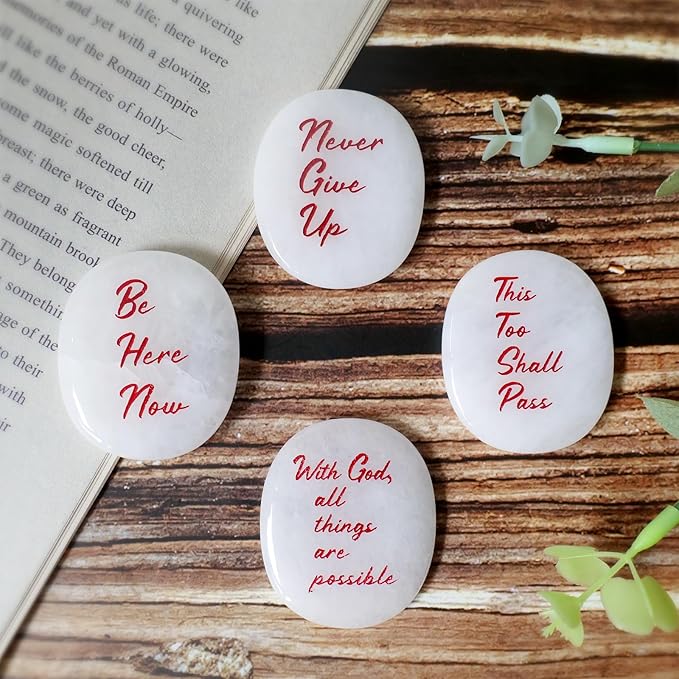 Selenite Crystal Worry Stones - Small Crystals for Big Stress Relief - Cheer Up & Encouragement Gift for Natural Reiki Healing - Real Motivational Strength Rocks - with God, All Things are Possible