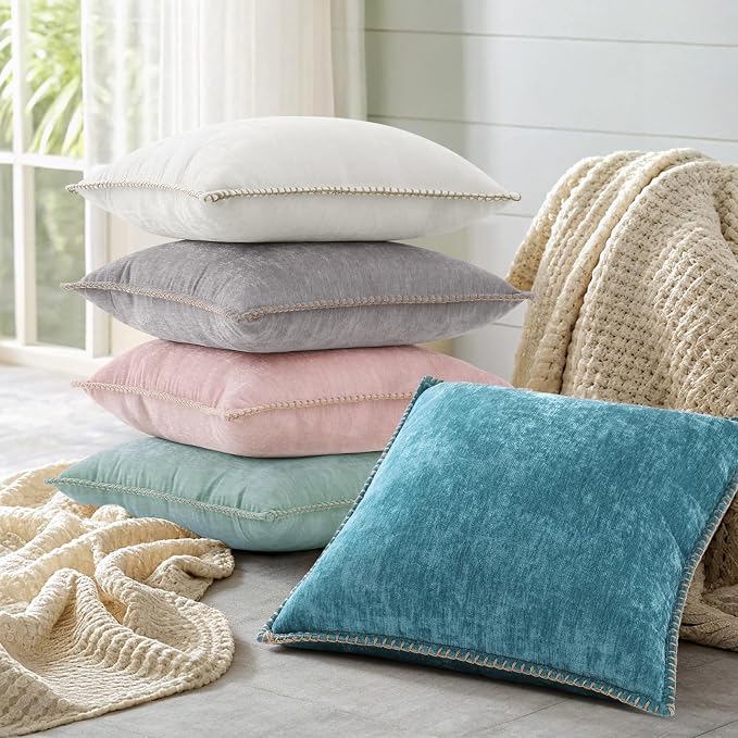 decorUhome Soft Chenille Throw Pillow Covers 20x20 Set of 2 Aqua Haze | Fall Textured Decorative Throw Pillow Cases Stitched Edge Modern Farmhouse Luxury Boho Velvet for Couch Sofa Bed Home Decor