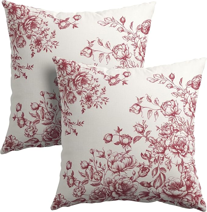 Kawani Chinoiserie Floral Throw Pillow Covers 18x18 Set of 2, Vintage Rose Pink White Flowers Square Pillowcase Cotton Linen Cushion Case for Couch Sofa Bedroom Living Room Outdoor Decor