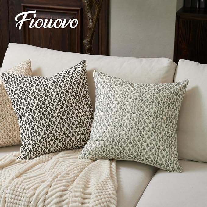 FIOUOVO Floral Pillow Covers 24x24 Pillow Cover Block Print Couch Pillows for Living Room Decorative Neutral Accent Throw Pillow Covers, 1PC, Olive Green