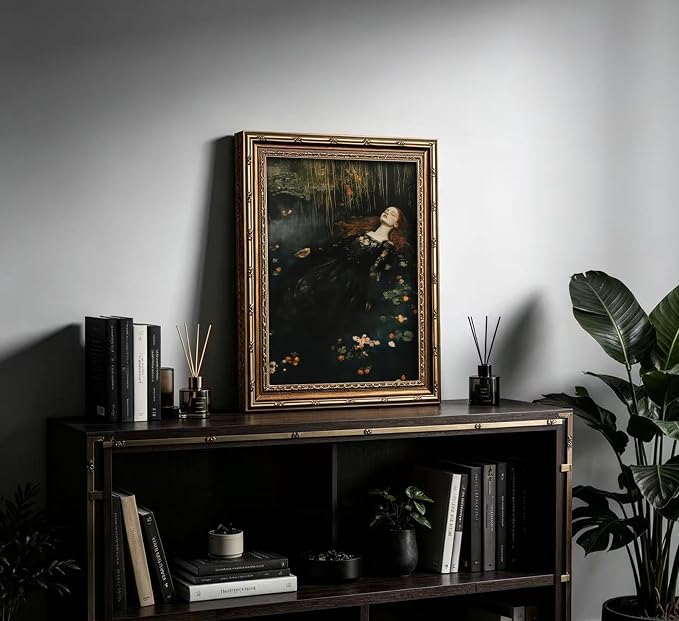 Vintage Gold Framed Ophelia Wall Art,Victorian Gothic Oil Painting Canvas Print,Classic Dark Academia Aesthetic Wall Decor,Antique Woman Portrait Picture,Moody Floral Poster Artwork,for Living Bedroom