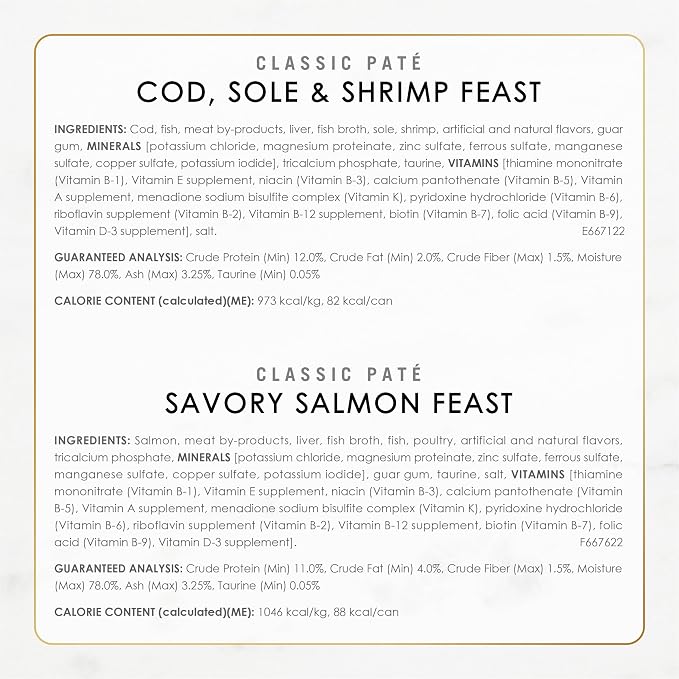 Purina Fancy Feast Seafood Classic Pate Variety Pack, 3 oz Cans, 30-Pack | Grain free wet cat food made with no artificial colors or preservatives, 100 percent complete and balanced