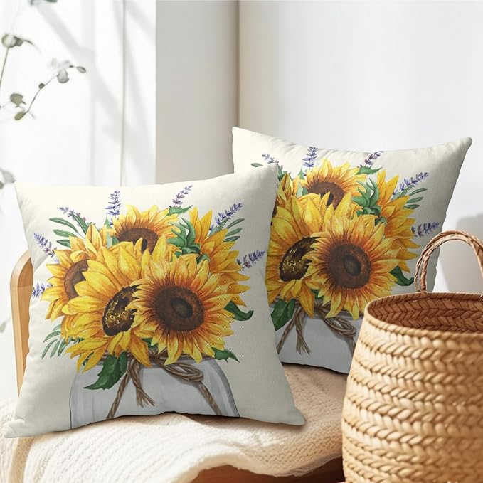 Kawani Spring Summer Sunflower Pillow Covers Set of 2, 20x20 Inch Yellow Purple Floral Jar Throw Pillowcases Cotton Linen Cushion Cover for Couch Sofa Bed Car Home Office Decor