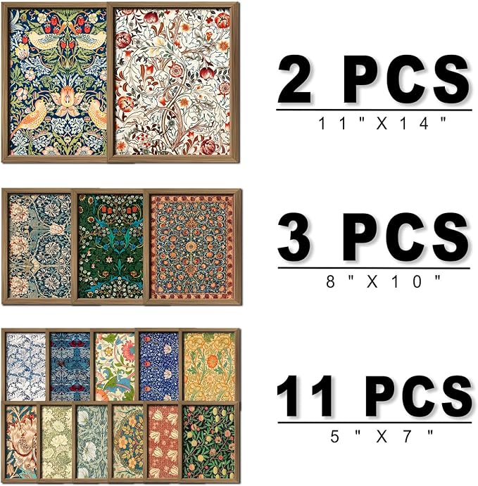 ANERZA 16 PCS Framed William Morris Wall Art Decor, Floral Wall Prints for Bedroom, Gallery Wall Frame Set, Vintage Posters for Living Room Aesthetic, Botanical Collage Kit, Dorm Home Artwork