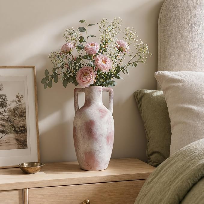 Ceramic Flower Vase with Handles, 12.8 inch Tall Farmhouse Vase Rustic Vases Decorative Pottery Vases Large Floor Vase for Home Decor Living Room Bookshelf Table Centerpiece Fireplace, Terracotta