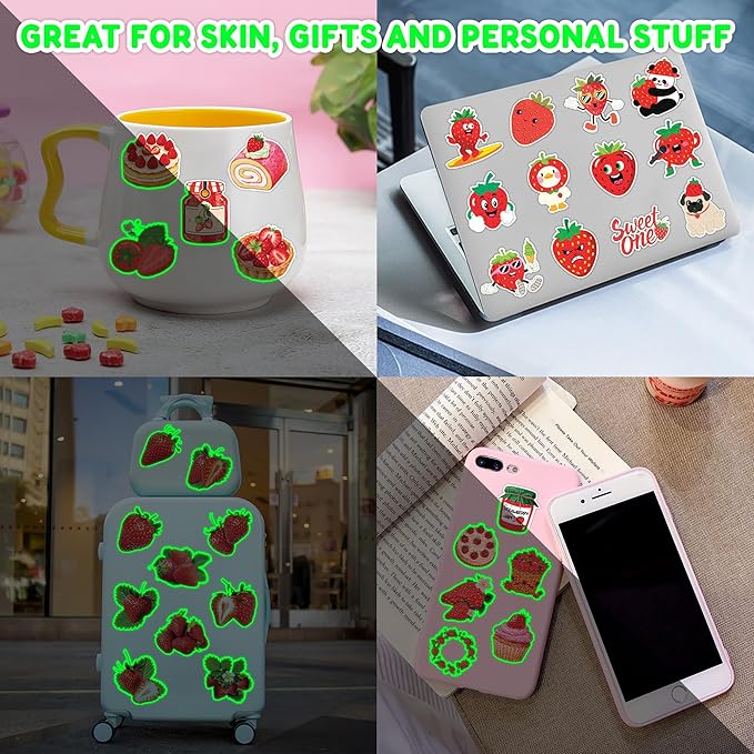96 PCS Strawberry Berry Pre-Cut Luminous Glow in The Dark Temporary Tattoos for Kids | Super Cute 1st Themed Birthday Party Favors, Supplies, Decorations, Fake Tattoo Stickers Gifts for Boys Girls