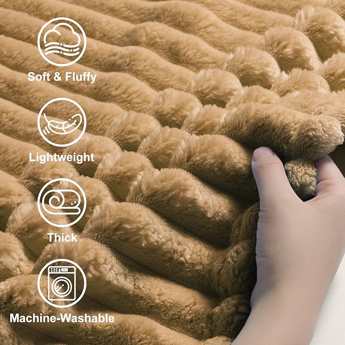 decorUhome Brown Fleece Throw Blanket 50x60 Inches | Soft Couch Cozy Fluffy Plush Flannel Striped Blanket for Sofa Bed, Lightweight Decorative Ribbed Fuzzy Blanket for Woman