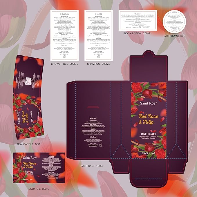 Mother's Day Gifts for Women, spa kit Gifts for Her Mother's Day Bath Spa Gift Set Red Rose & Tulip Spa Basket Kits for Women, Contains Body Oil, Body Lotion, Salt, Self care baskets Mother Gift