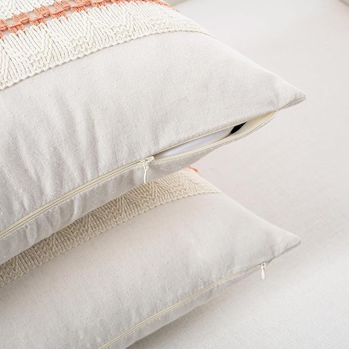 Fancy Homi Set of 2 Boho Coral Long Lumbar Decorative Throw Pillow Cover 16x24 Inch for Couch Bed Sofa Chair, Modern Organic Farmhouse Home Decor, Soft Cotton Cute Accent Rectangle Cushion Case