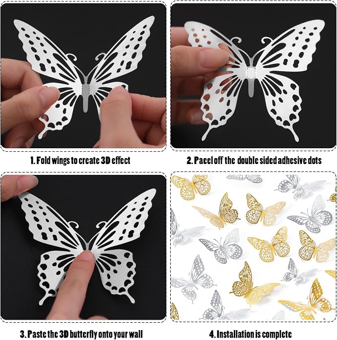 SAOROPEB 3D Butterfly Wall Decor 48 Pcs 4 Styles 3 Sizes, Butterfly Birthday Decorations Party Decorations Cake Decorations Wedding Decor, Removable Stickers (Gold, Silver) | 4 Styles 3 Sizes, Party Decorations Birthday Cake Decorations Wedding Decor, ...