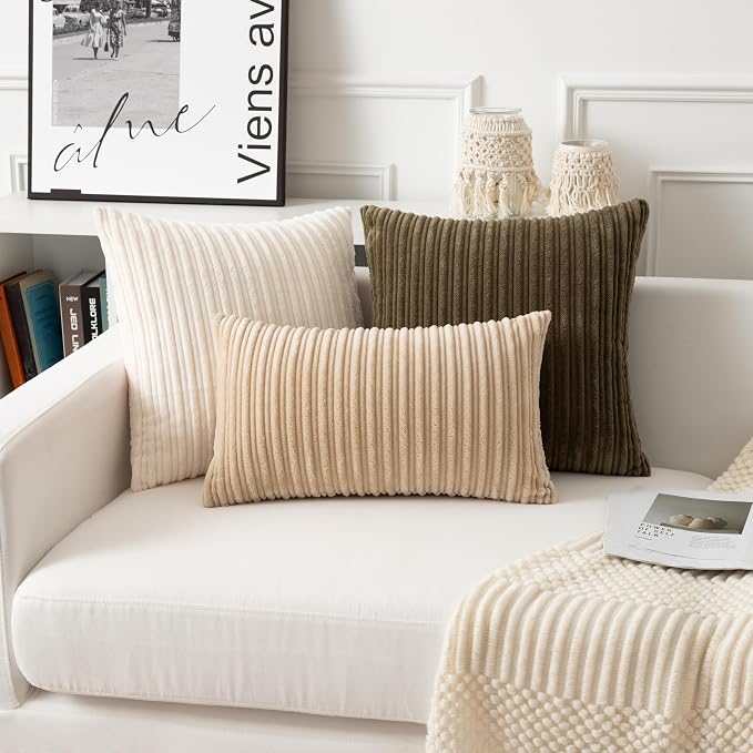 UGASA Velvet 20x20 Inch Soft Throw Pillow Covers Decorative Corduroy Striped Both Sides Solid Square Cushion Cases Boho Farmhouse for Couch Bedroom Sofa Home, Pack of 2, Beige