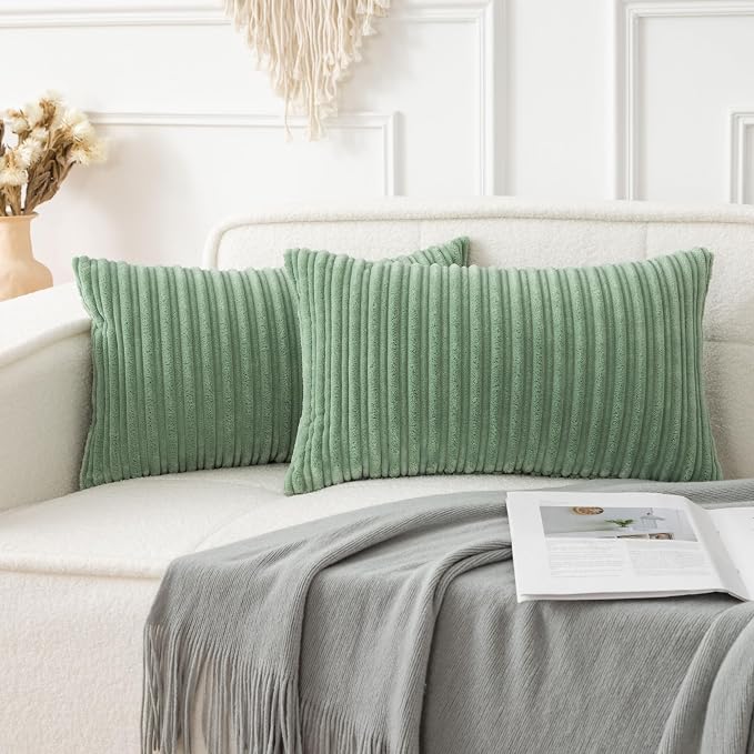 UGASA 14x24 Inch Pillow Cover Pack of 1 Soft Boho Stripe Corduroy Long Rectangular Lumbar Cushion Cover Farmhouse Decorative Throw Pillowcase for Bed, Couch, Sofa, Bedroom, Living Room, Sage Green