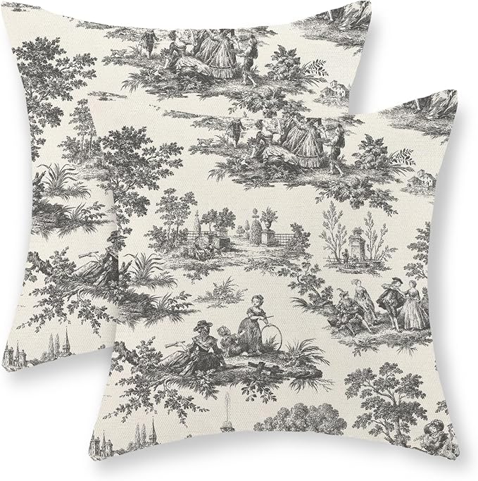French Country Pillow Covers 18x18 Set of 2 Vintage Black Grey Toile Throw Pillows Outdoor French Country Decorative Pillow Cases Rustic Cottage Farmhouse Cushion Case for Couch Sofa Decor