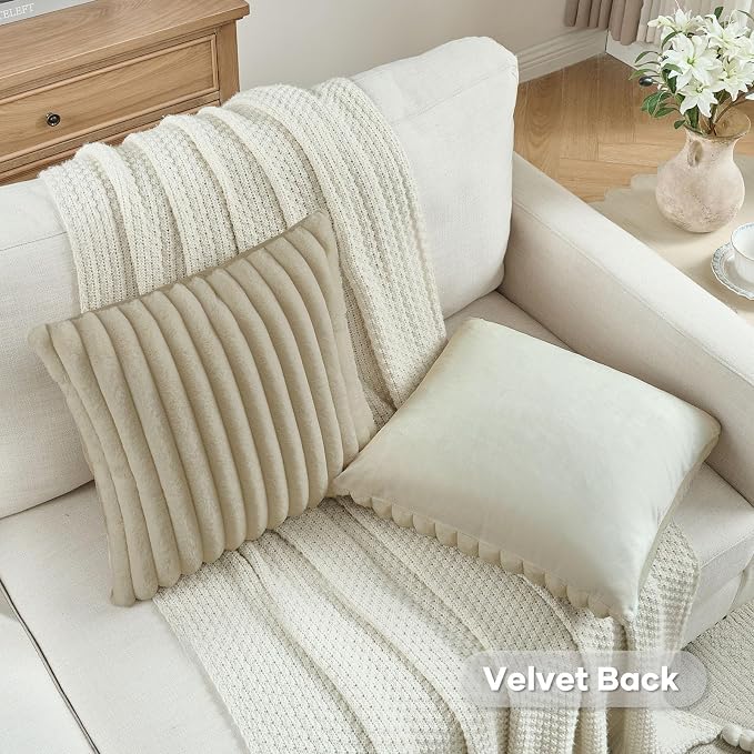FUTEI Pack of 2 Faux Fur Throw Pillow Covers 18x18 Inch, Beige | Fluffy Faux Rabbit Fur Front/Premium Velvet Back,Hidden Zipper,Machine Washable,Non-Shedding,Colorfast,Insert Not Included.