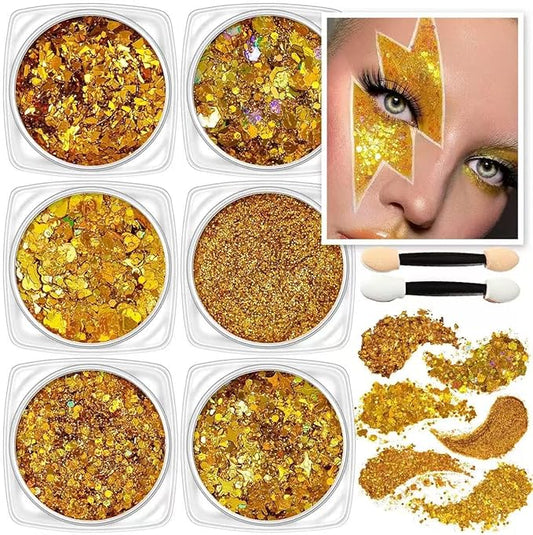 Gold Body Glitter Face Glitter Red Hair Glitter Gel Festival Face Paint Rave Makeup Glitter Christmas & Halloween & Valentines Face Gems 6 Shapes Fine Chunky Glitter Gel for Women Girls