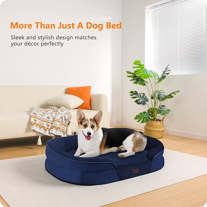 Dwanton Orthopedic Waterproof Medium Dog Bed Sofa, Gel Memory Foam, 36" | Egg-Crate Foam Dog Sofa, Washable Pet Bed with Four Sided Bolster Cushion, Removable Cover & Non-Slip Bottom, Navy Blue