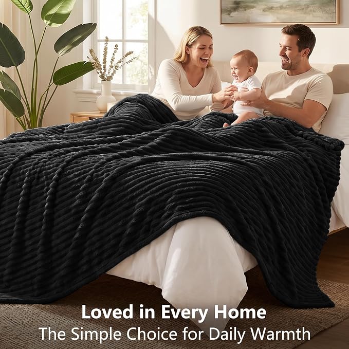 Black Twin Blanket for Bed & Couch, 60 x 80 Inch | 300GSM Ribbed Fleece Blanket, Soft, Cozy & Lightweight, OEKO-TEX Certified, All-Season Use for Travel, Dorm & Home Decor