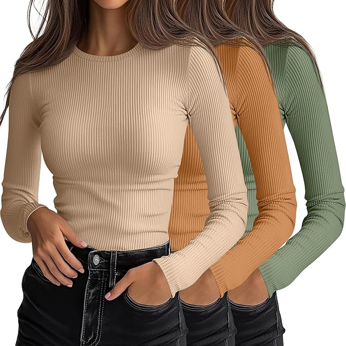 Ficerd 3 Pack Women's Ribbed Long Sleeve Tops, Crew Neck Slim Fit Undershirts Knit Basic Casual Stretch Layering Tee Shirts