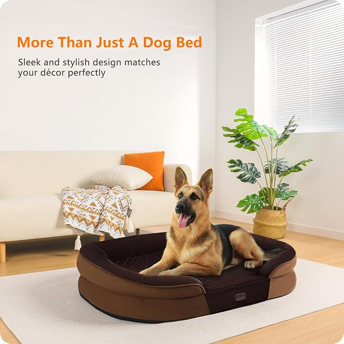 Dwanton Orthopedic Waterproof X-Large Dog Bed Sofa, Gel Memory Foam, 45" | Egg-Crate Foam Dog Sofa, Washable Pet Bed with Four Sided Bolster Cushion, Removable Cover & Non-Slip Bottom, Brown