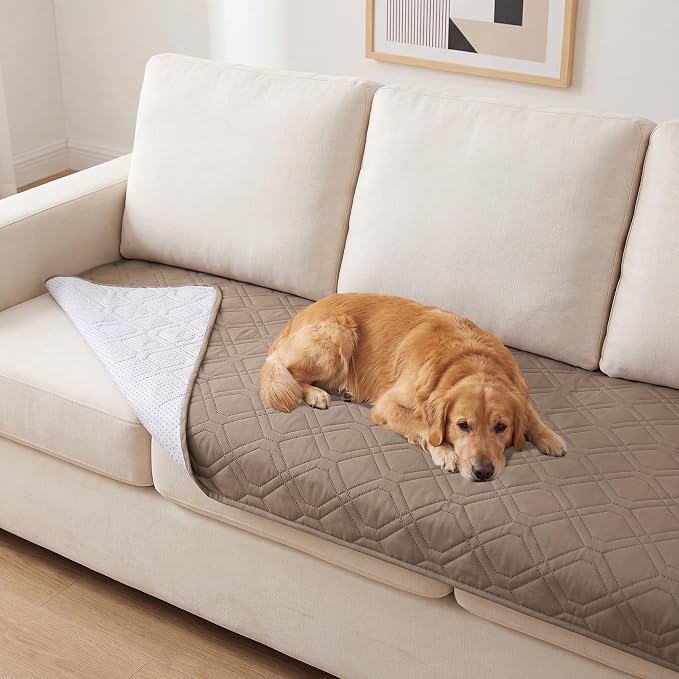 PrinceDeco Couch Cover for Dogs Waterproof Blanket Sofa Covers Washable Dog Couch Cover for 3 Cushion Anti-Slip Sofa Slipcover for Furniture Sofa, Crate, RV Seats,Car, Pet(30.5x82 Inch,Taupe)