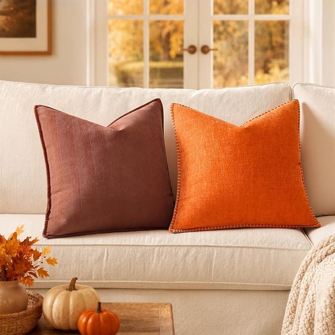 MIULEE Fall Decorative Couch Throw Pillow Covers 18x18 Inch Bright Orange | 2 Pack, Farmhouse Pillow Covers with Stitched Edge, Soft Chenille Cushion Case, Sofa Bed LivingRoom Home Decor