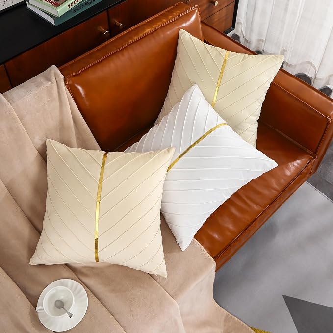 Velvet Throw Pillow Covers 18x18 inch Pack of 2 Gold Decor White | Soft Solid Pillow Covers,Modern Luxury Home Decor,for Couch Chair Sofa Bedroom Livingroom,Hidden Zipper,Ideal Gift,Easy Care
