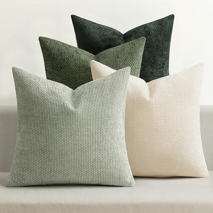 MIULEE Soft Decorative Chenille Pillow Covers Green 18x18 Pack of 4 | Nordic Home Decor, Nature-Inspired Green Set, Couch Throw Pillows, Farmhouse Boho Cushion Covers for Sofa Bed Living Room