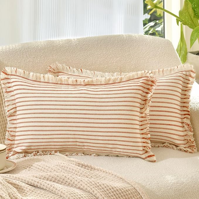 Throw Pillow Covers 12x20 Set of 2 Striped Pillow Covers with Fringe Chic Cotton Decorative Pillows Square Cushion Covers for Sofa Couch Bed Living Room Farmhouse Decor, (Burnt Orange)
