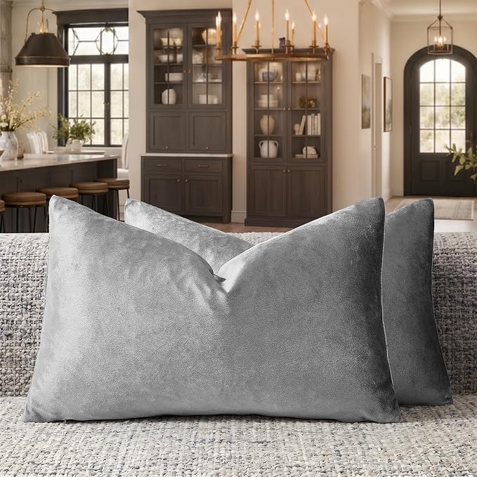 GIGIZAZA Dark Grey Velvet Throw Pillow Covers 12x20 Pack of 2 | Decorative Lumbar Pillows for Couch Sofa,280gsm Soft Textured Fabric,Modern Pillowcases,Luxury Cushion Covers