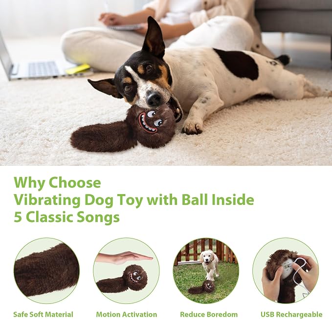 PETGEEK Vibrating Squeaky Dog Ball, USB Rechargeable 350mAh Toy, Brown
